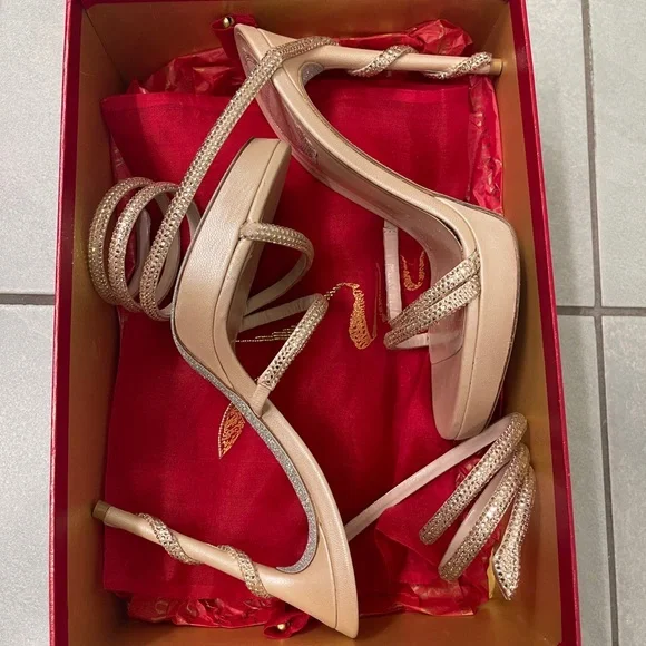 Rene Caovilla Beige Spiral Strap Heels - Picture 8 of 10